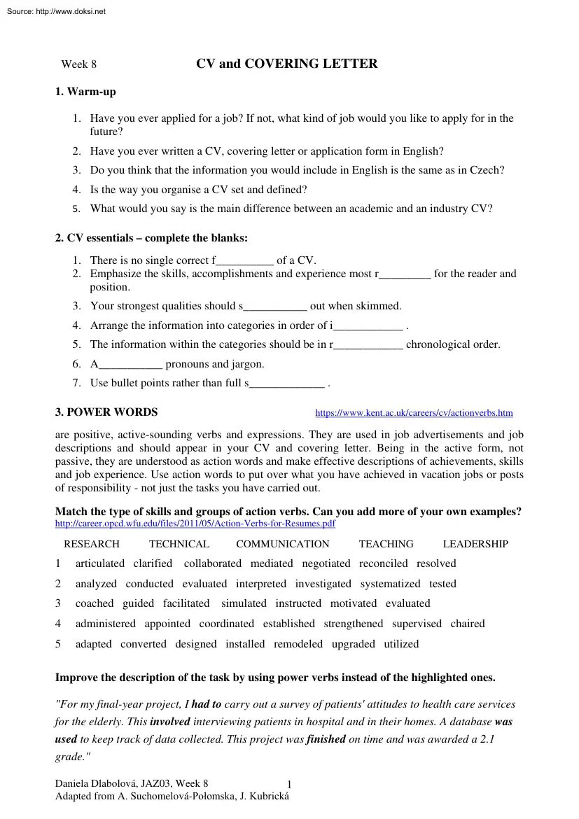 CV and Covering Letter