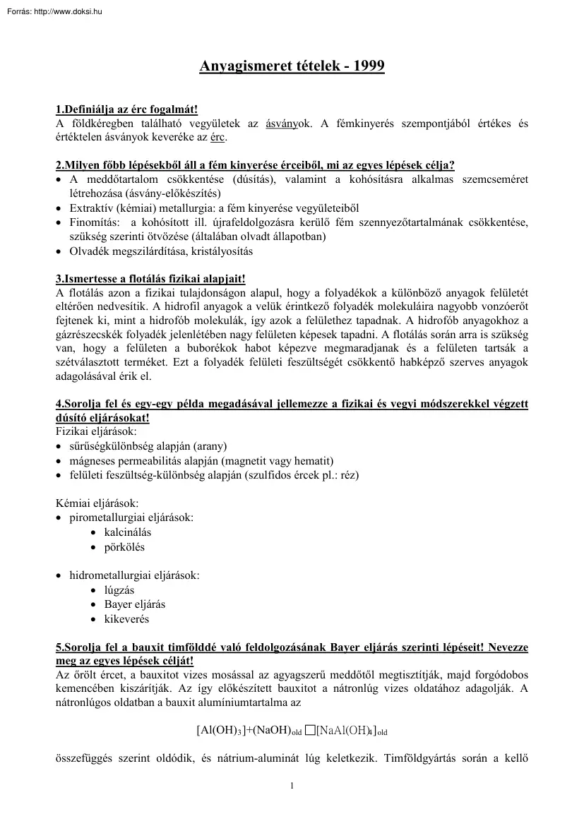 Anyagismeret tételek