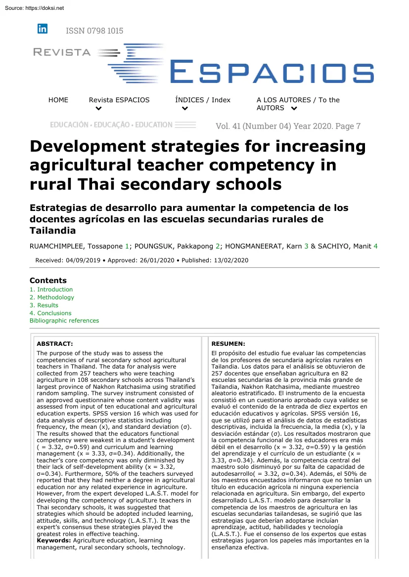Development strategies for increasing agricultural teacher competency in rural Thai secondary