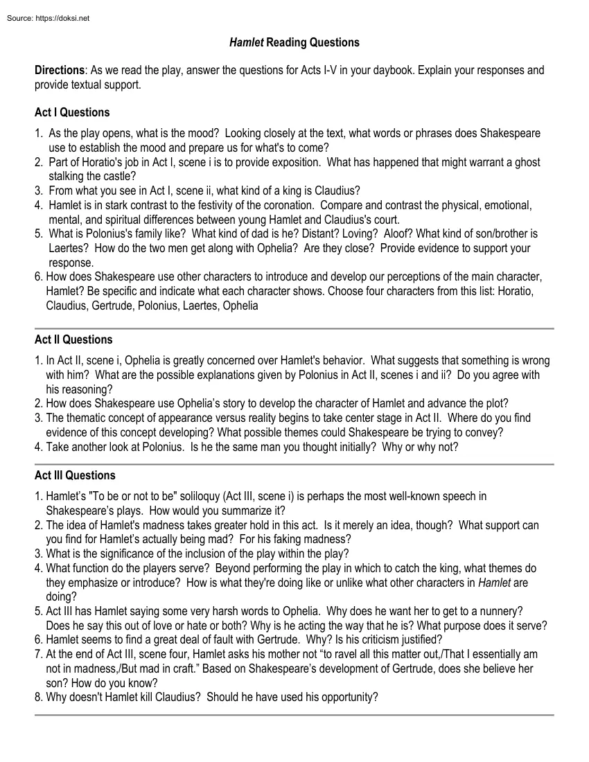 Hamlet Reading Questions