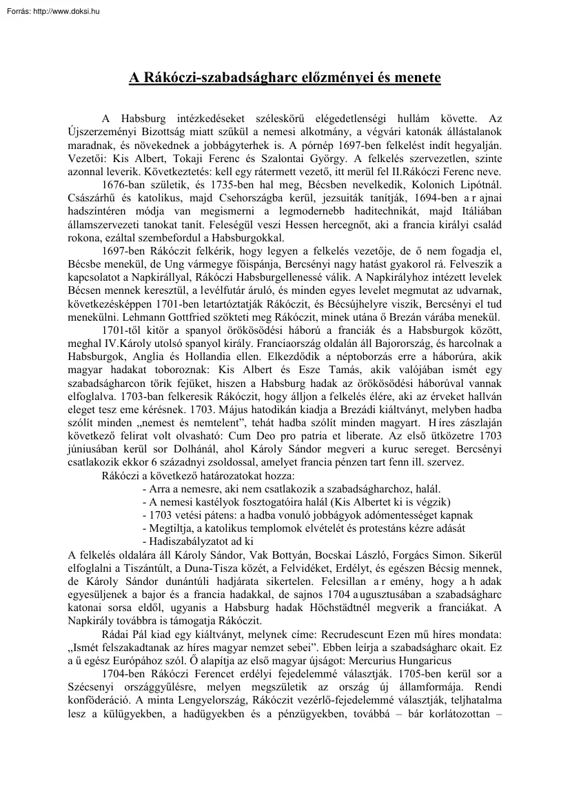 A Rákóczi-szabadságharc előzményei és menete