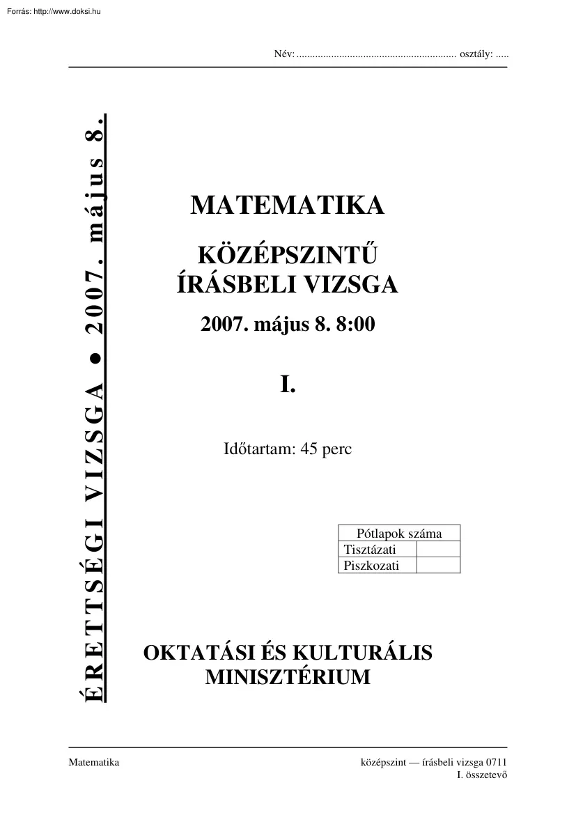 Matematika középszintű írásbeli érettségi vizsga megoldással, 2007