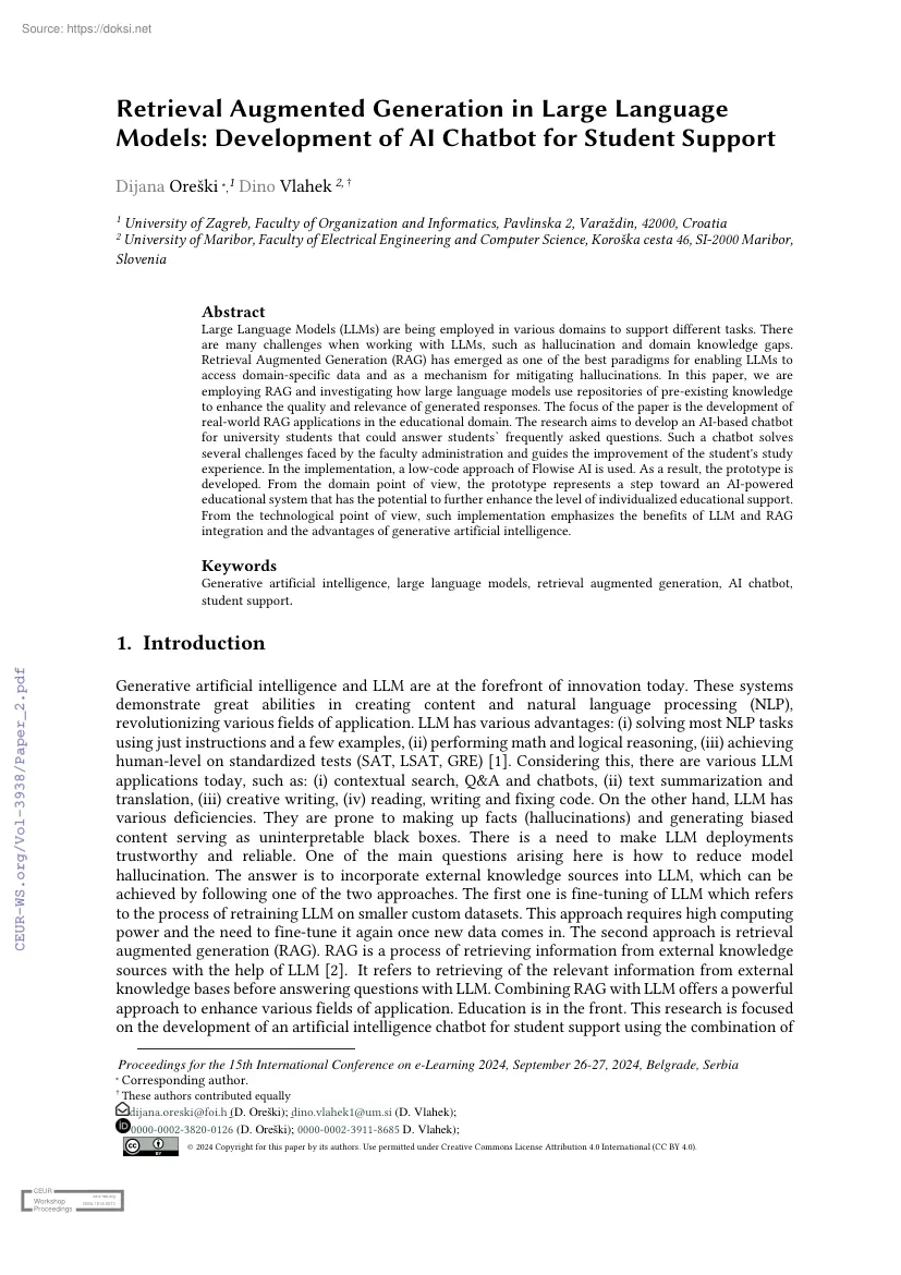 Retrieval Augmented Generation in Large Language Models, Development of AI Chatbot for Student