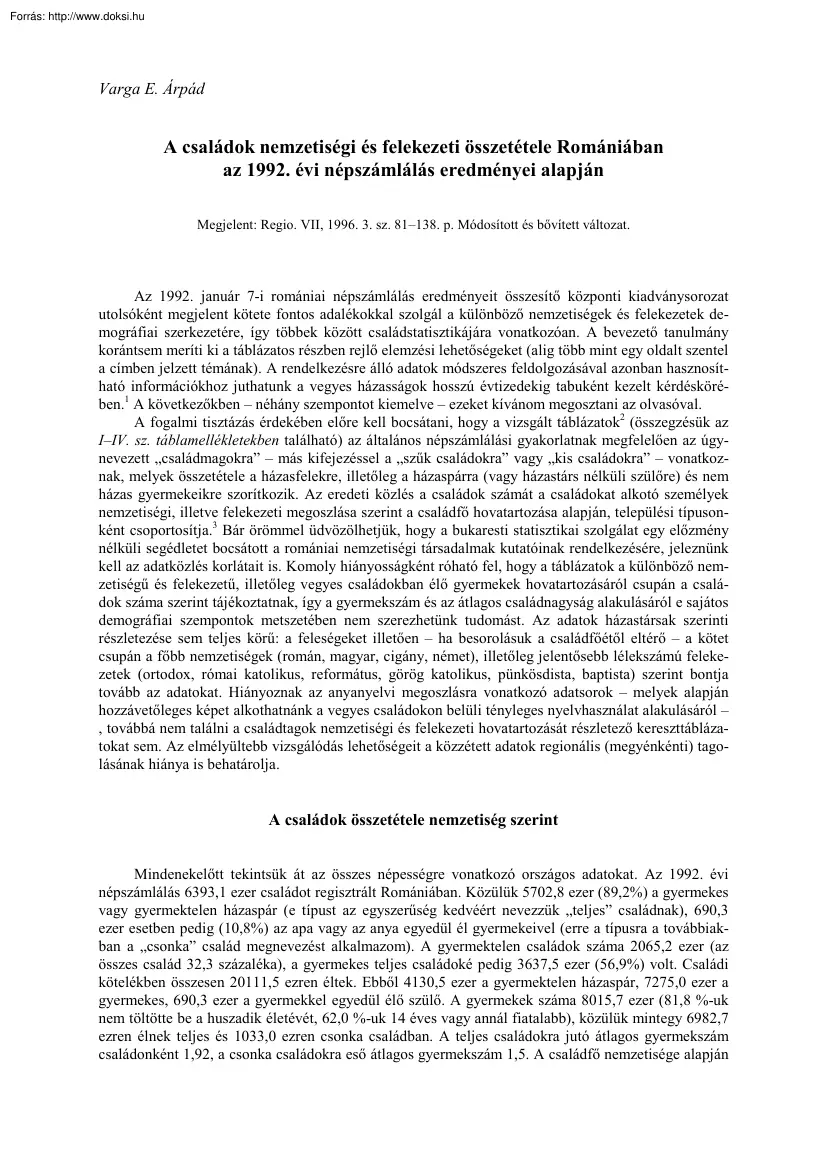 Varga E. Árpád - A családok nemzetiségi és felekezeti összetétele Romániában az 1992. évi