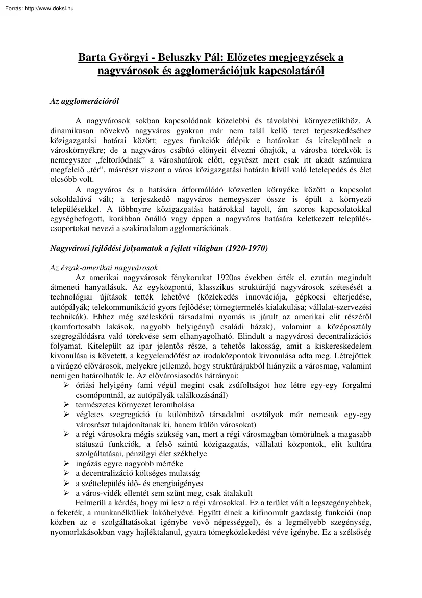Barta-Beluszky - Megjegyzések a nagyvárosok és agglomerációjuk kapcsolatáról