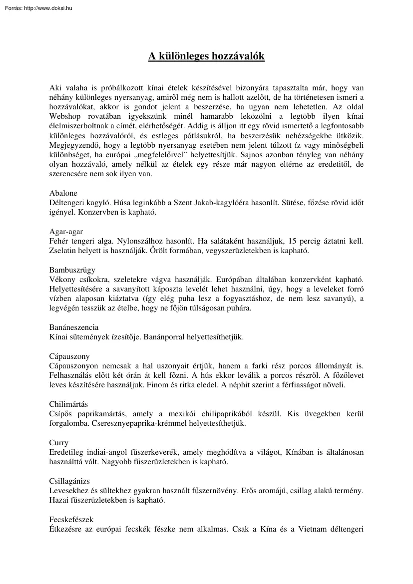 A különleges hozzávalók