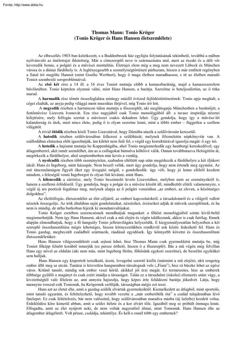 Thomas Mann - Tonio Kröger, Hans Hansen életszemlélete