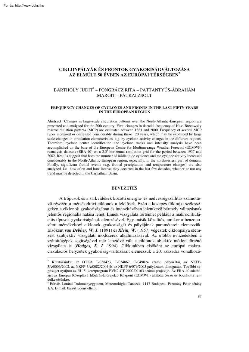 Bartholy-Pongrácz - Ciklonpályák és frontok gyakoriságváltozása az elmúlt 50 évben