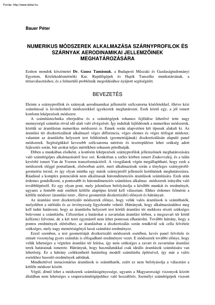 Bauer Péter - Numerikus módszerek alkalmazása szárnyprofilok és szárnyak aerodinamikai
