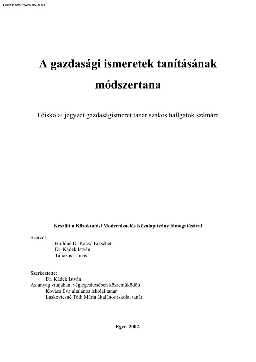 Hollóné-Kádek - A gazdasági ismeretek tanításának módszertana