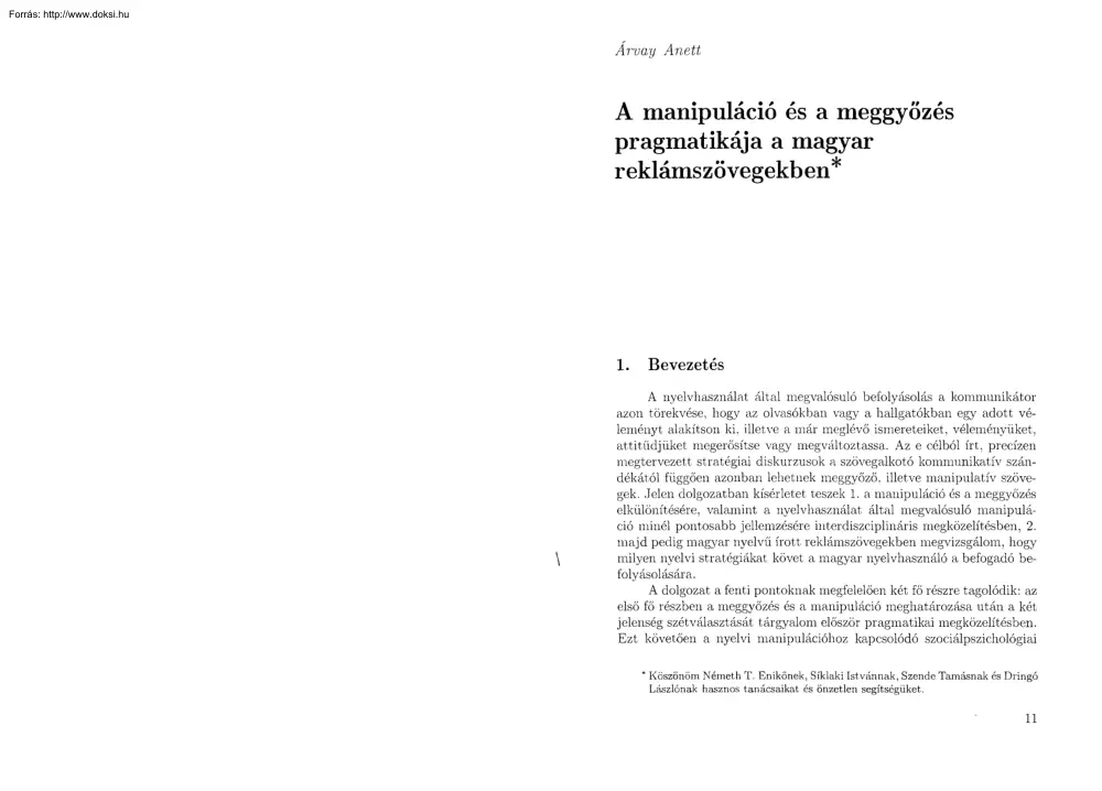 Árvay Anett - A manipuláció és a meggyőzés pragmatikája a magyar reklámszövegekben