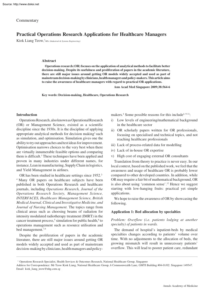 Kiok Liang Teow - Practical Operations Research Applications for Healthcare Managers