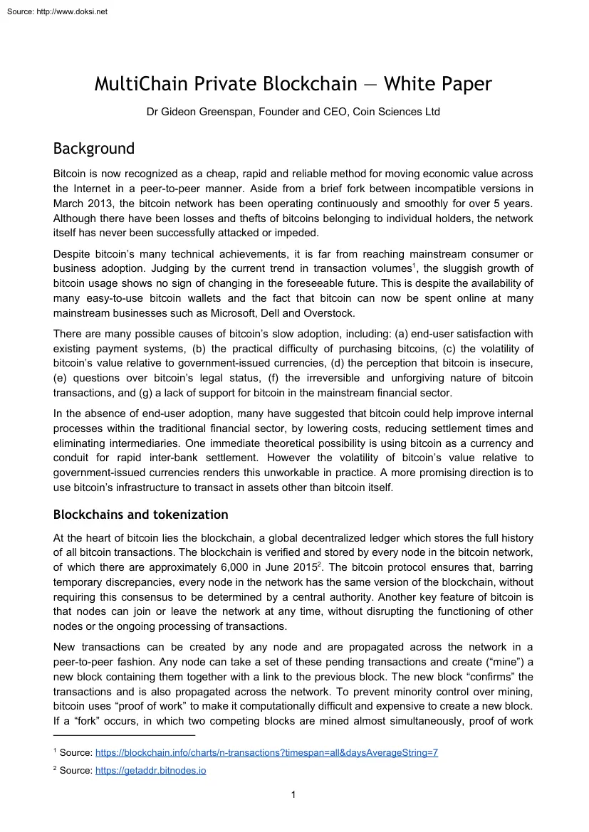 Dr Gideon Greenspan - MultiChain Private Blockchain, White Paper