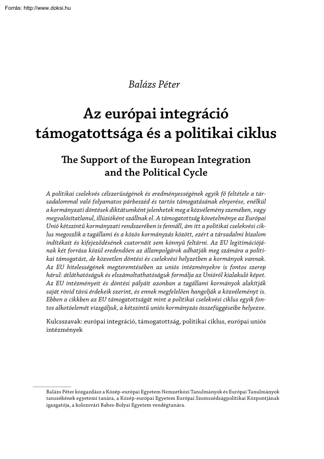 Balázs Péter - Az európai integráció támogatottsága és a politikai ciklus