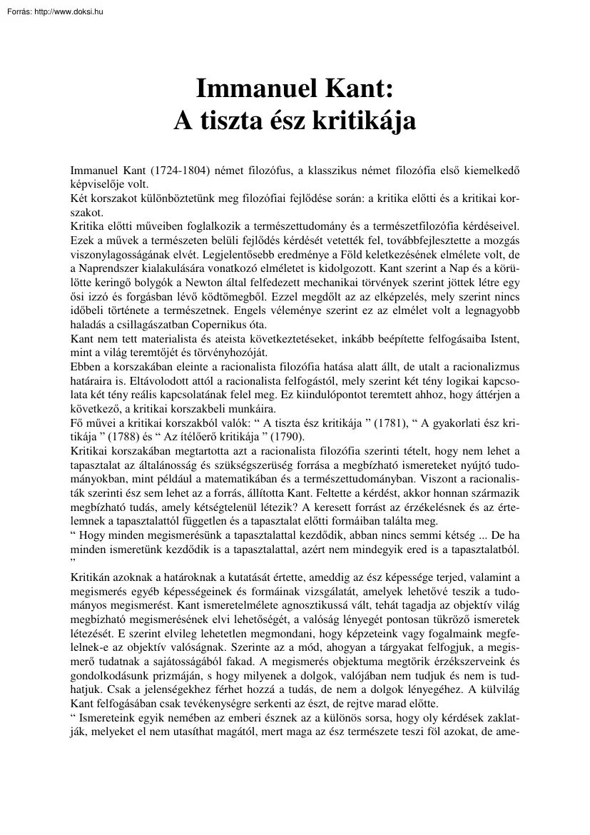 Immanuel Kant - A tiszta ész kritikája