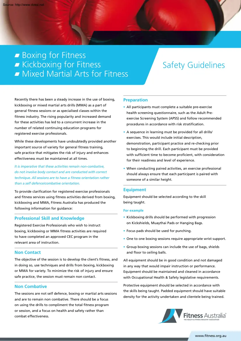 Boxing, Kickboxing and Mixed Martial Arts for Fitness, Safety Guidelines