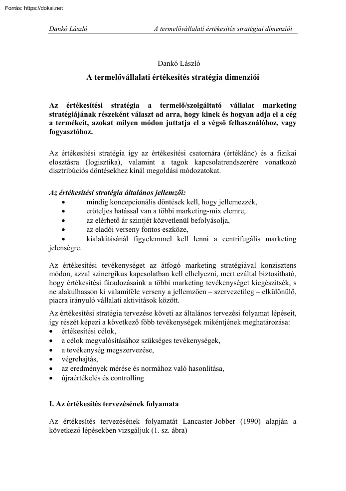 Dankó László - A termelővállalati értékesítés stratégia dimenziói