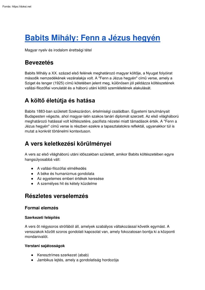 Babits Mihály - Fenn a Jézus hegyén, érettségi tétel