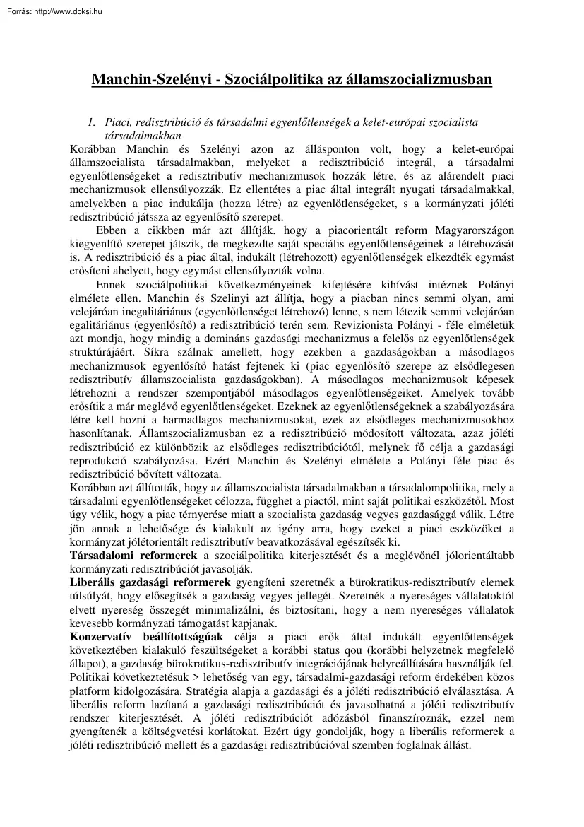 Manchin-Szelényi - Szociálpolitika az államszocializmusban