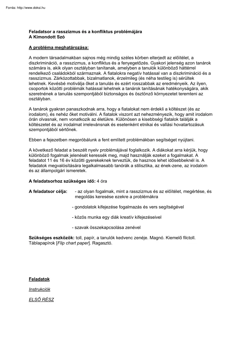 Feladatsor a rasszizmus és a konfliktus problémájára