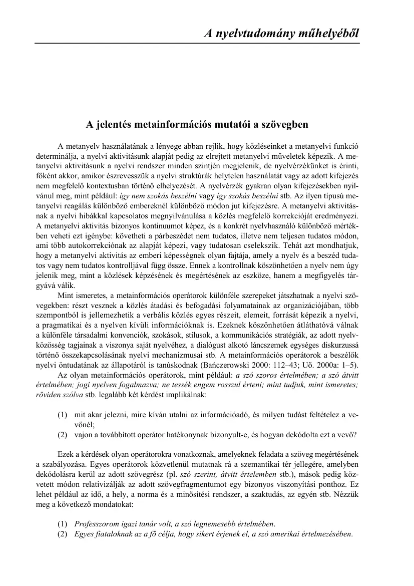 Banczerowski Janusz - A jelentés metainformációs mutatói a szövegben