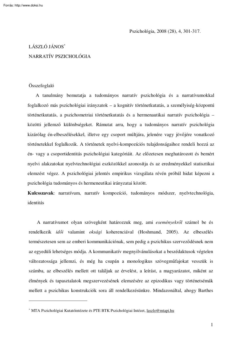 László János - Narratív  pszichológia