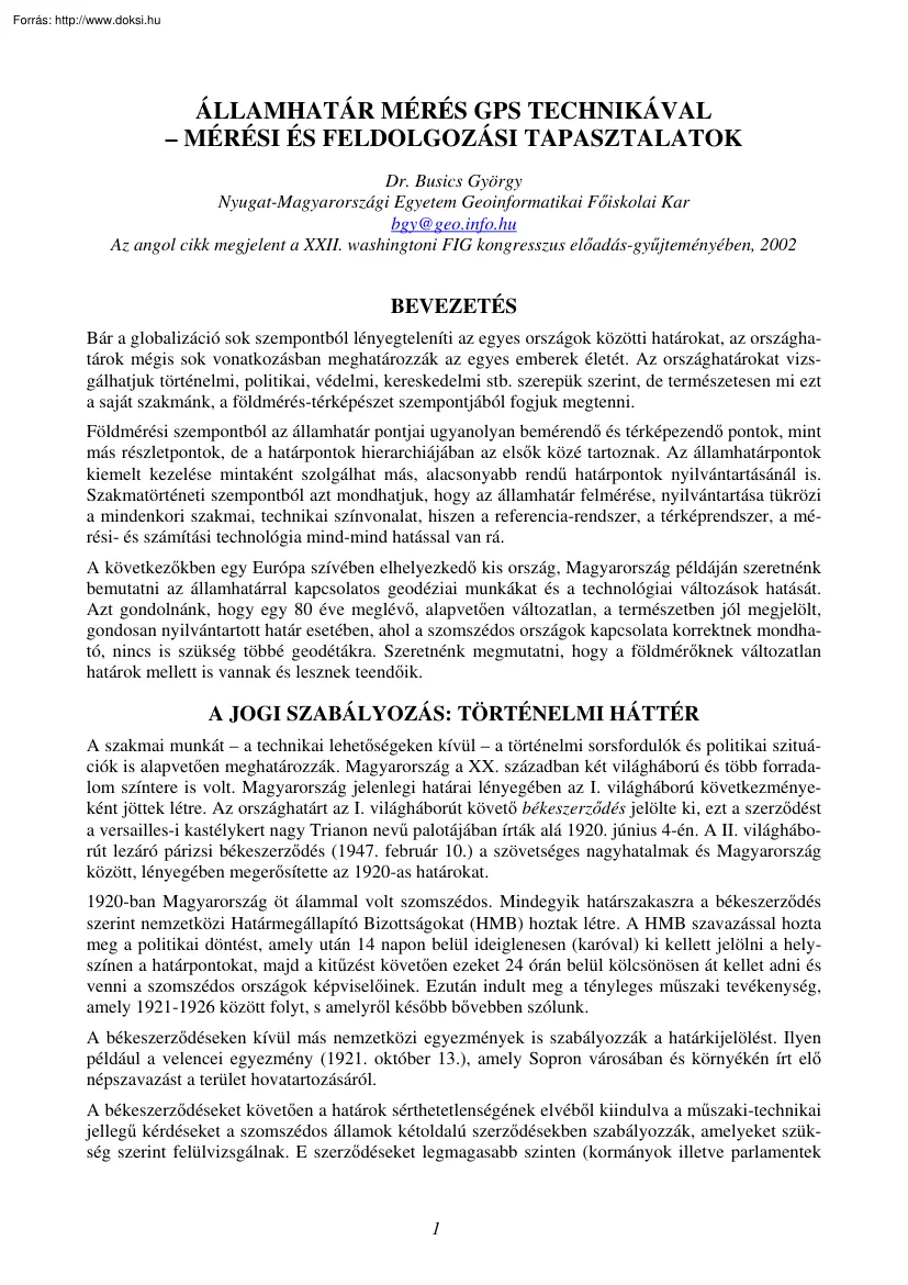 Dr. Busics György - Államhatár mérés GPS technikával