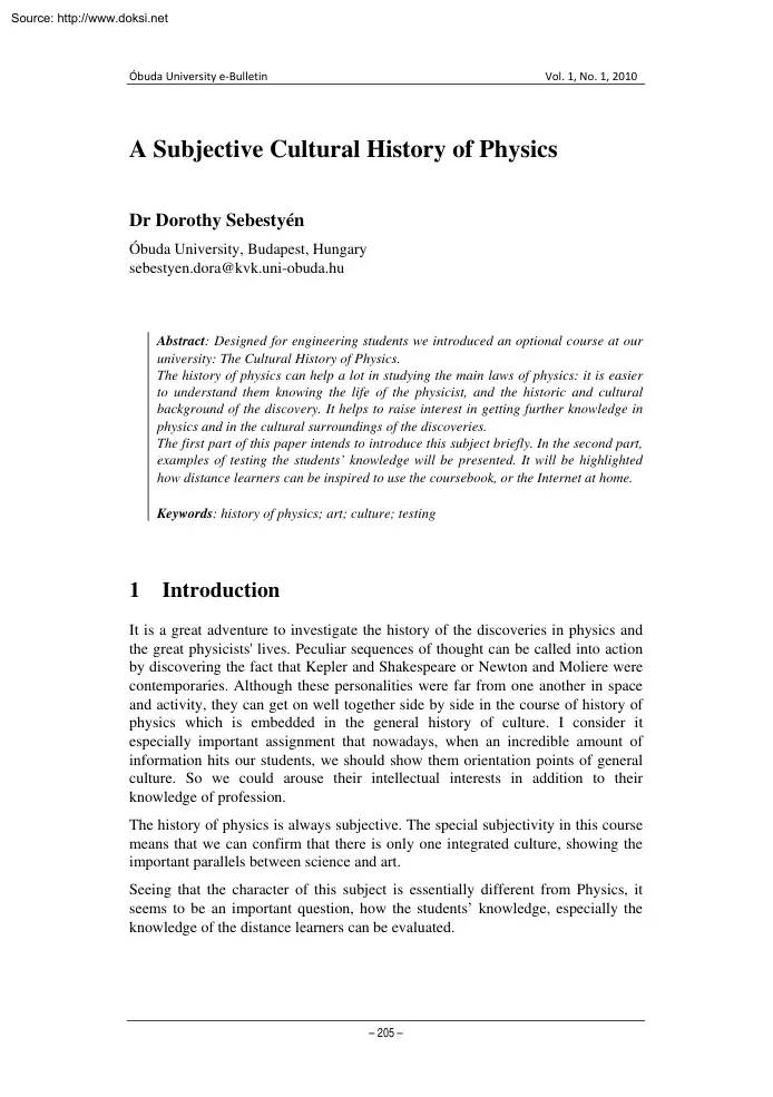 Dr Dorothy Sebestyén - A Subjective Cultural History of Physics