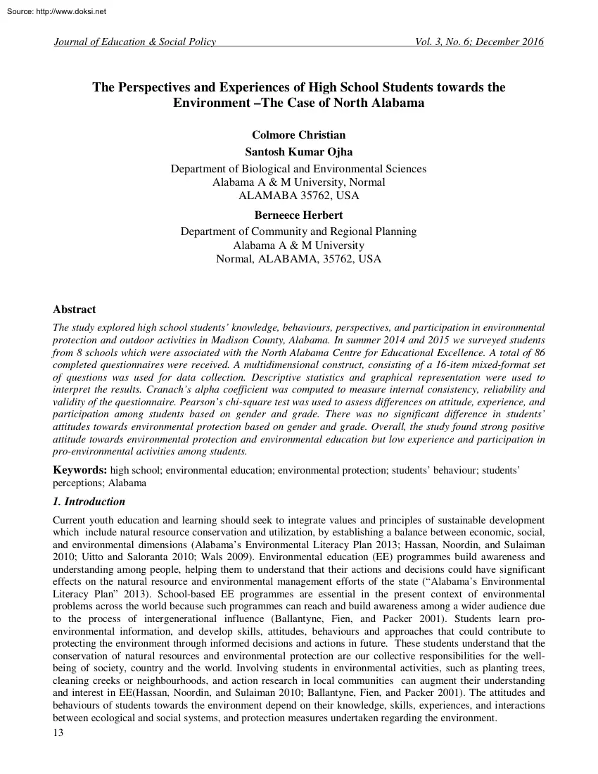 Christian-Kumar - The Perspectives and Experiences of High School Students towards the Environment