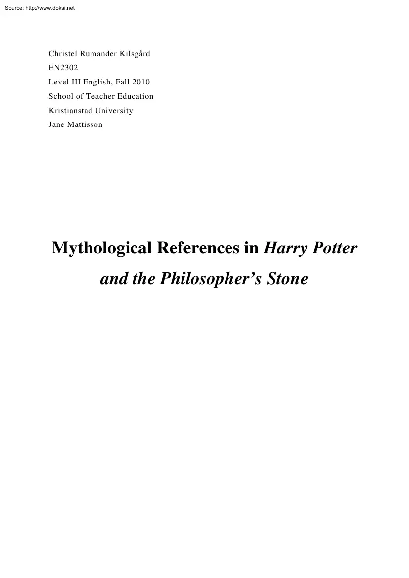 Jane Mattisson - Mythological References in Harry Potter and the Philosopher Stone