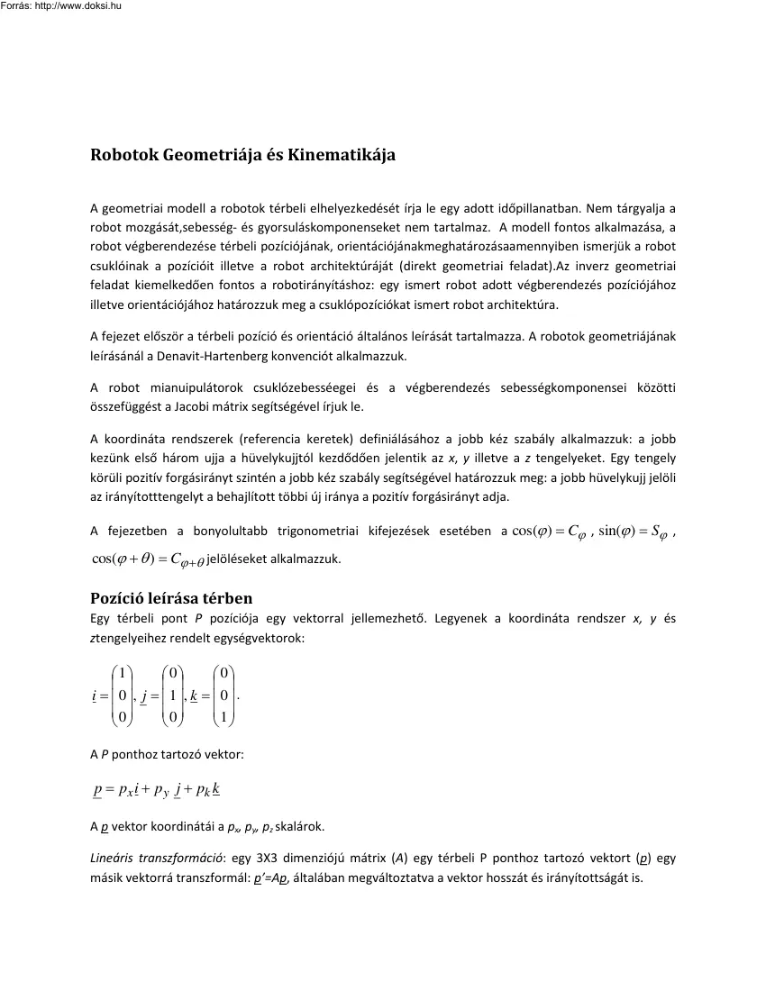 Robotok Geometriája és Kinematikája