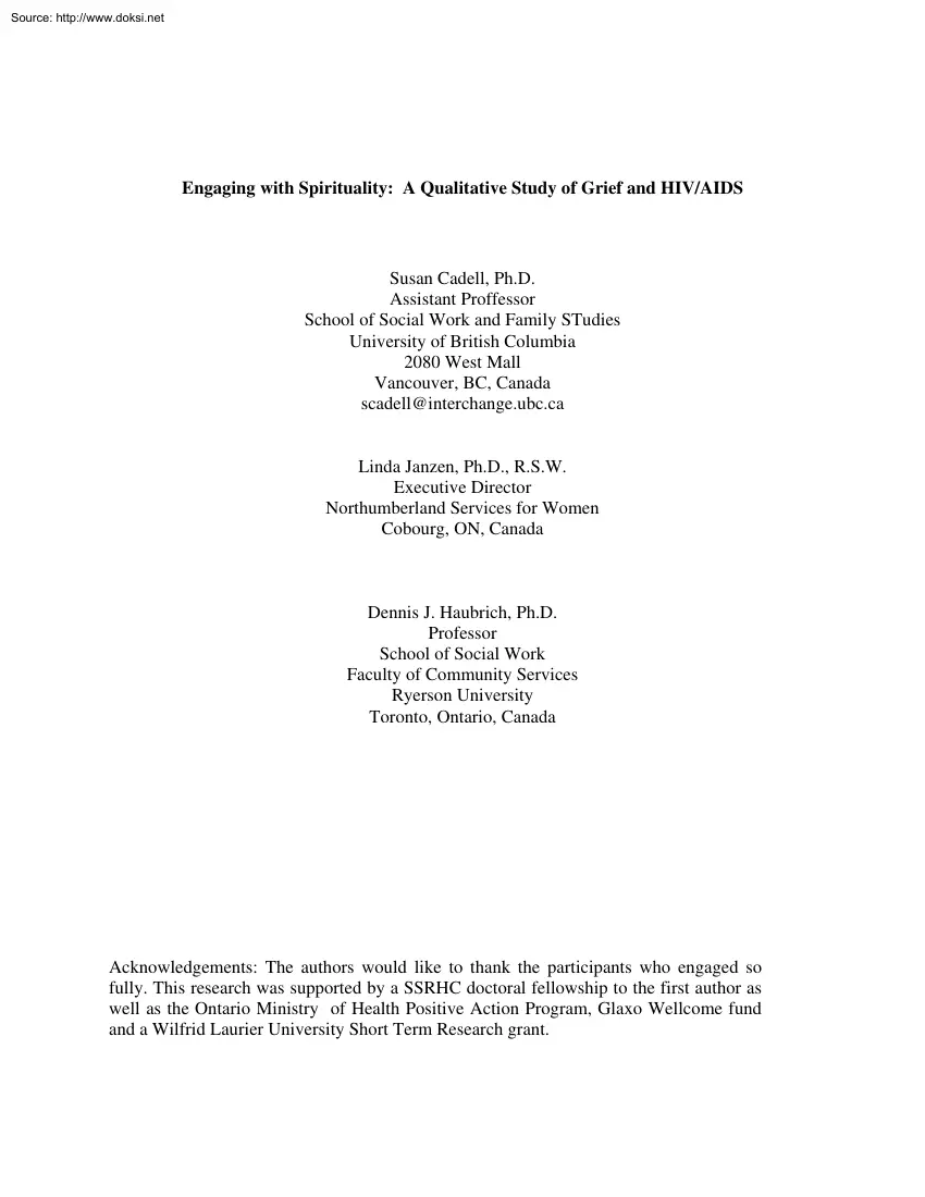 Cadell-Janzen-Haubrich - Engaging with Spirituality, A Qualitative Study of Grief and HIV AIDS