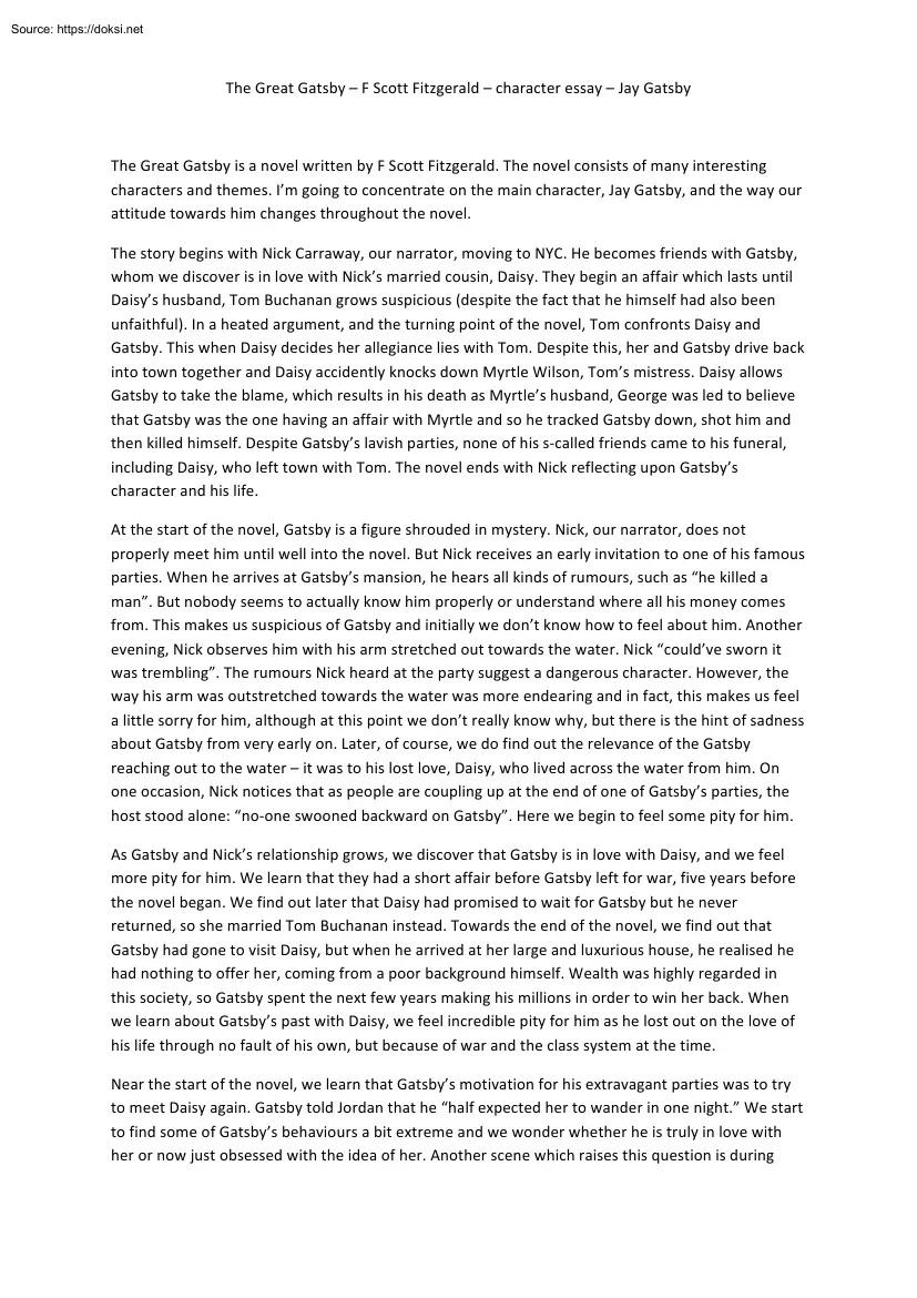 The Great Gatsby, F. Scott Fitzgerald, Character Essay, Jay Gatsby