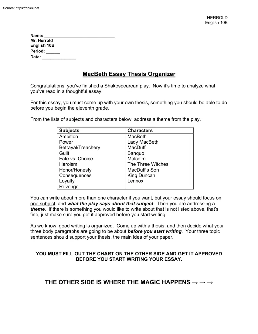 Mr. Herrold - MacBeth Essay Thesis Organizer