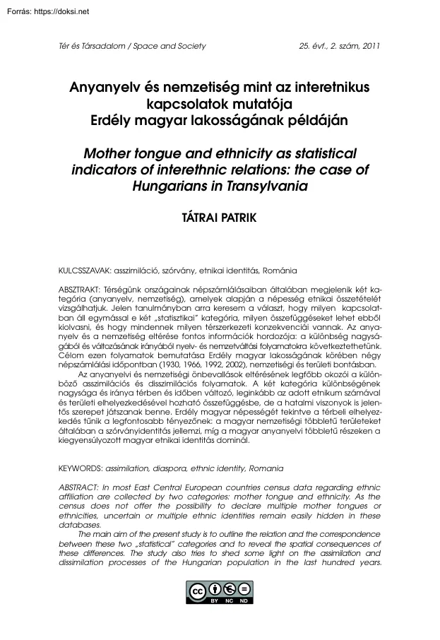 Tátrai Patrik - Anyanyelv és nemzetiség mint az interetnikus kapcsolatok mutatója Erdély