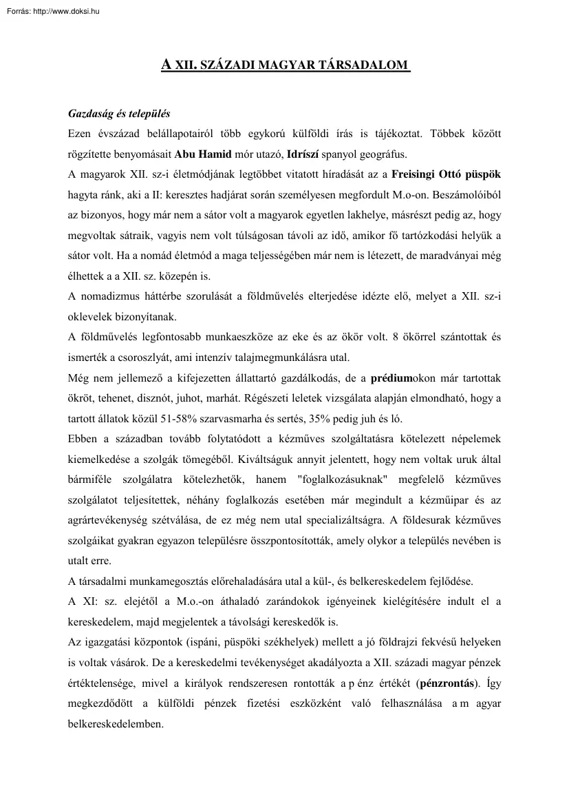 A XII. századi magyar társadalom