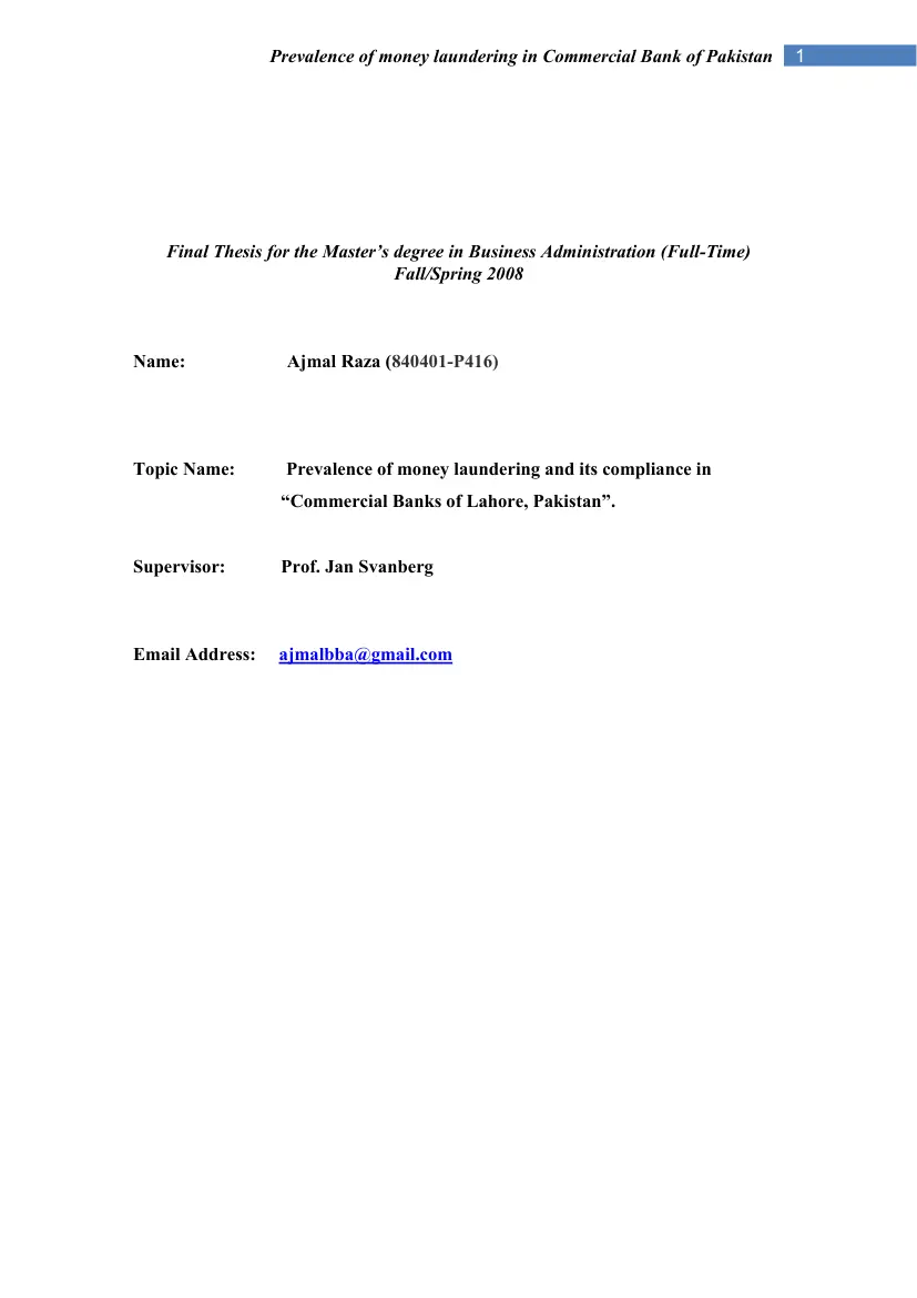Ajmal Raza - Prevalence of Money Laundering and its Compliance in Commercial Banks of Lahore