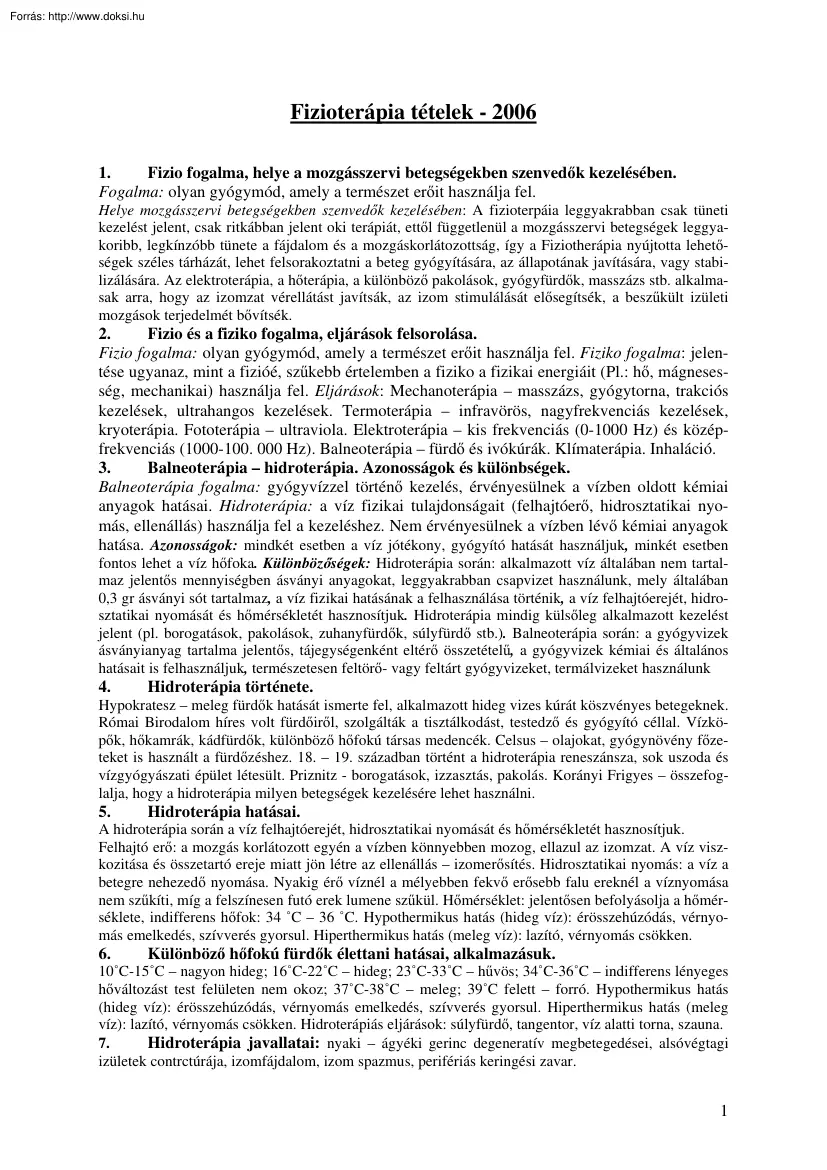 Fizioterápia tételek, 2006