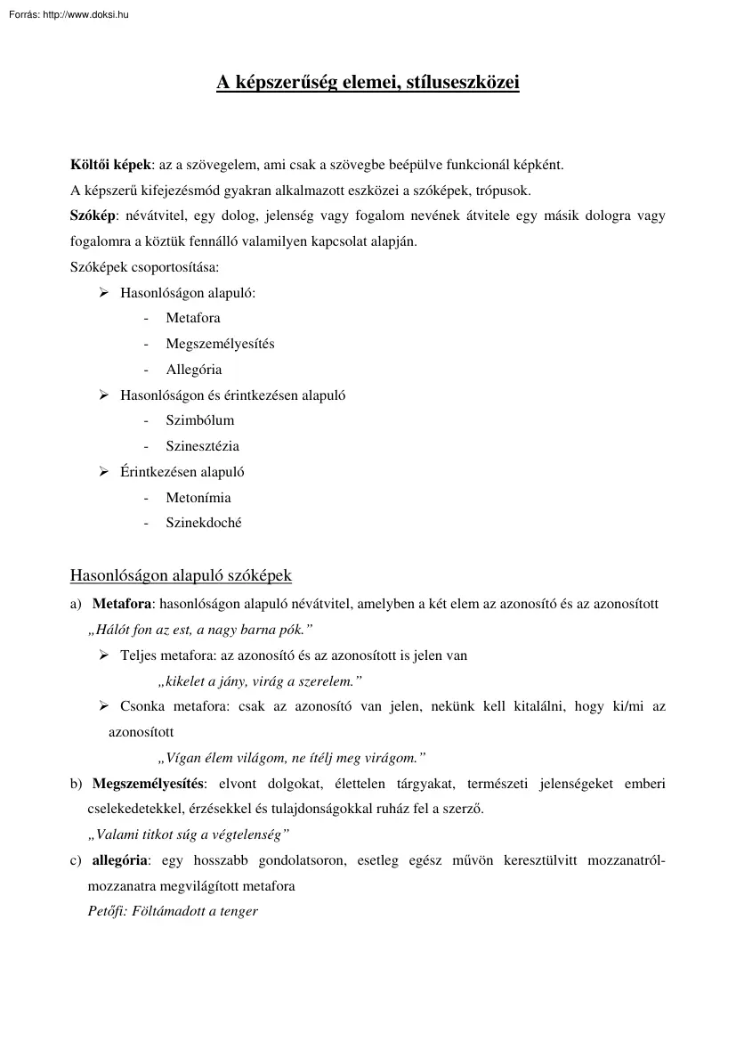 A képszerűség elemei, stíluseszközei