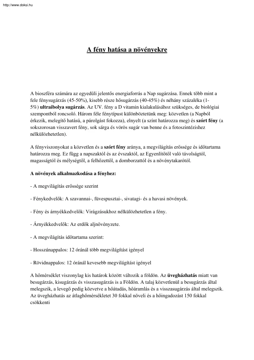A fény hatása a növényekre