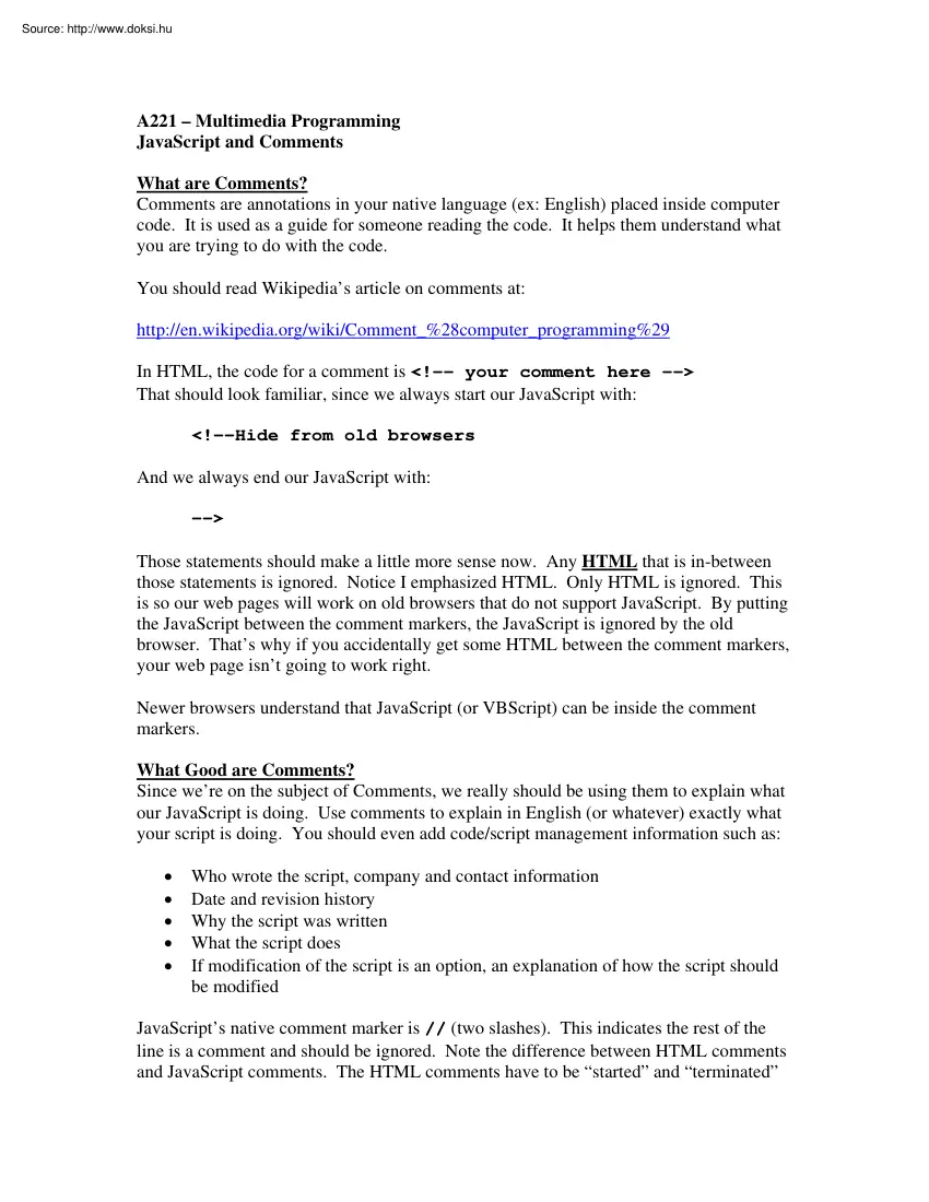 Multimedia programming, JavaScript and comments