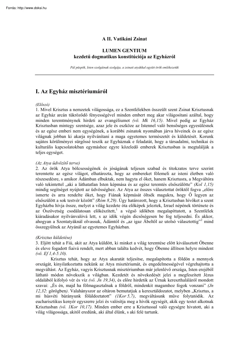 A II. Vatikáni Zsinat, Lumen Gentium kezdetű dogmatikus konstitúciója az egyházról