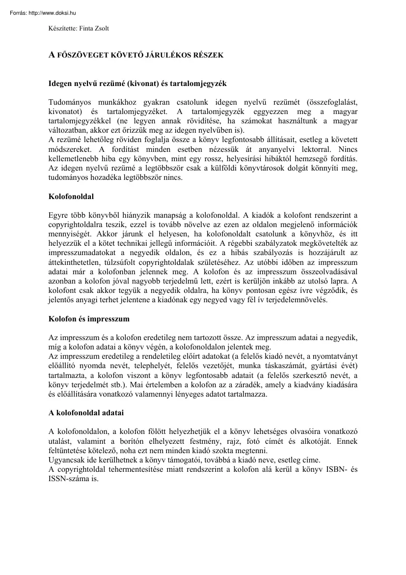 Finta Zsolt - A főszöveget követő járulékos részek