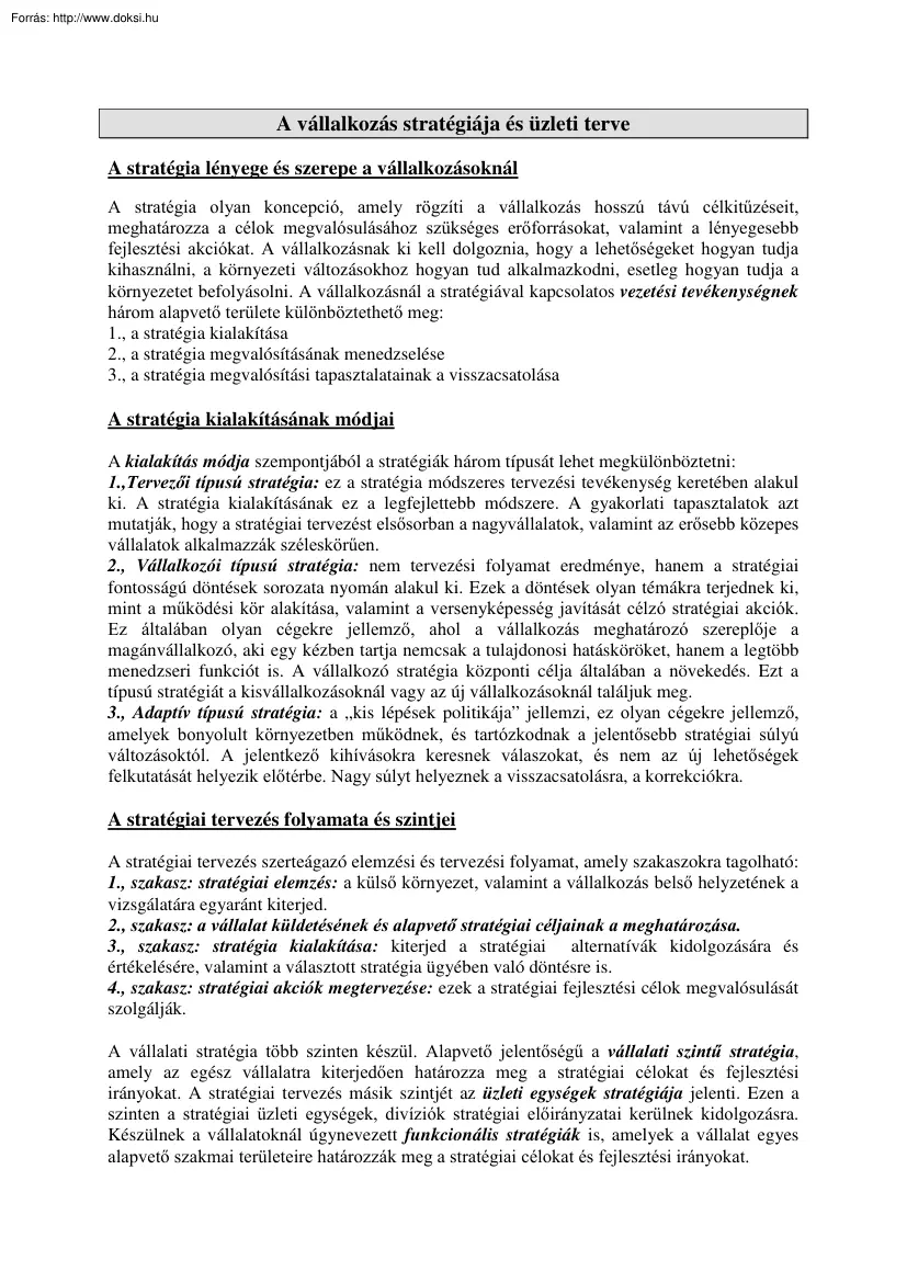Simon Szilvia - A vállalkozás stratégiája és üzleti terve