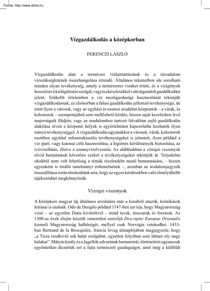 Ferenczi László - Vízgazdálkodás a középkorban