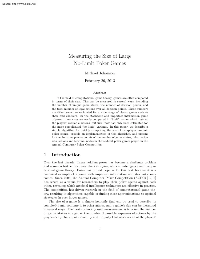 Michael Johanson - Measuring the Size of Large No Limit Poker Games