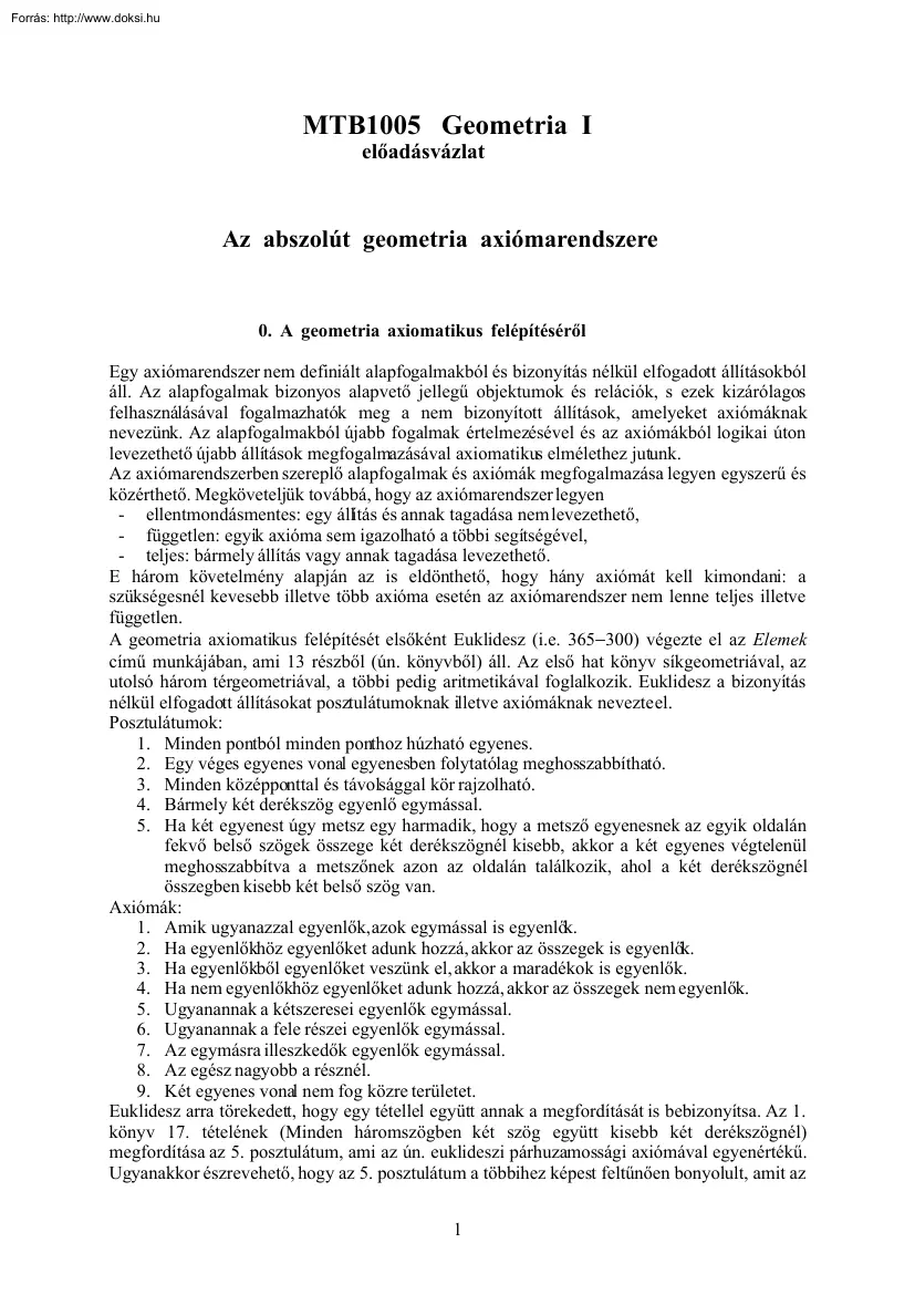 Az abszolút geometria axiómarendszere
