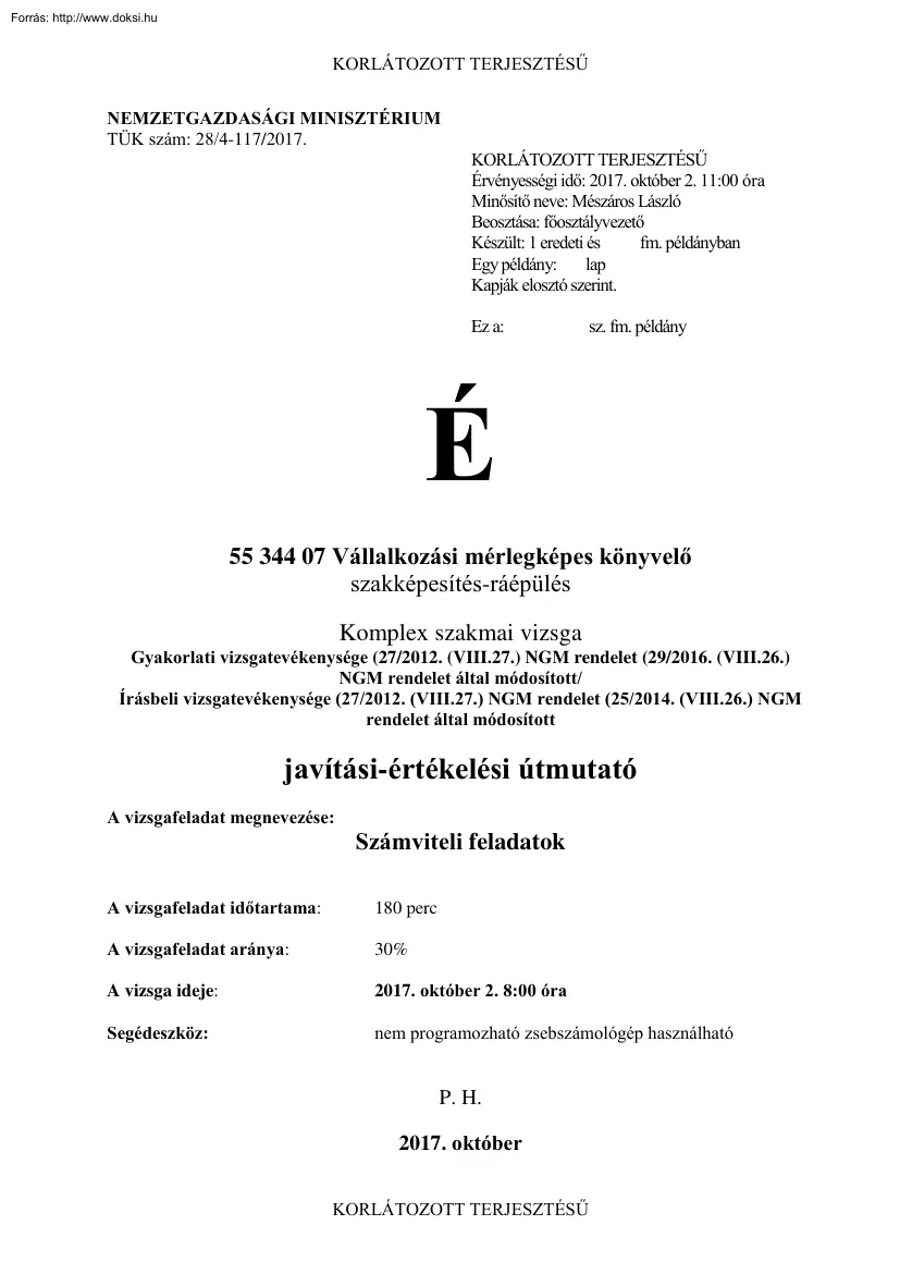 Vállalkozási mérlegképes könyvelő komplex szakmai vizsga, javítási-értékelési