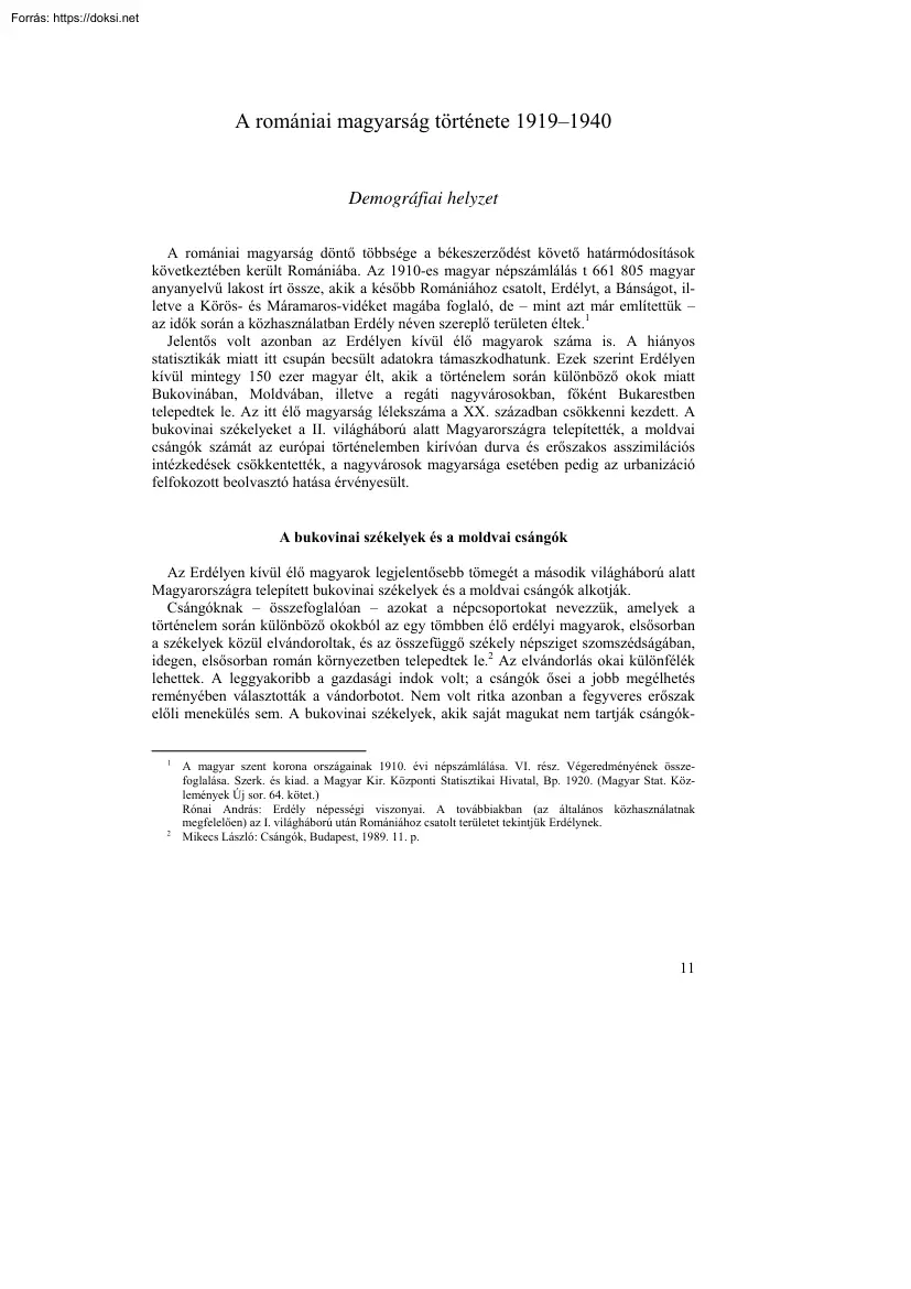 A romániai magyarság története, 1919–1940