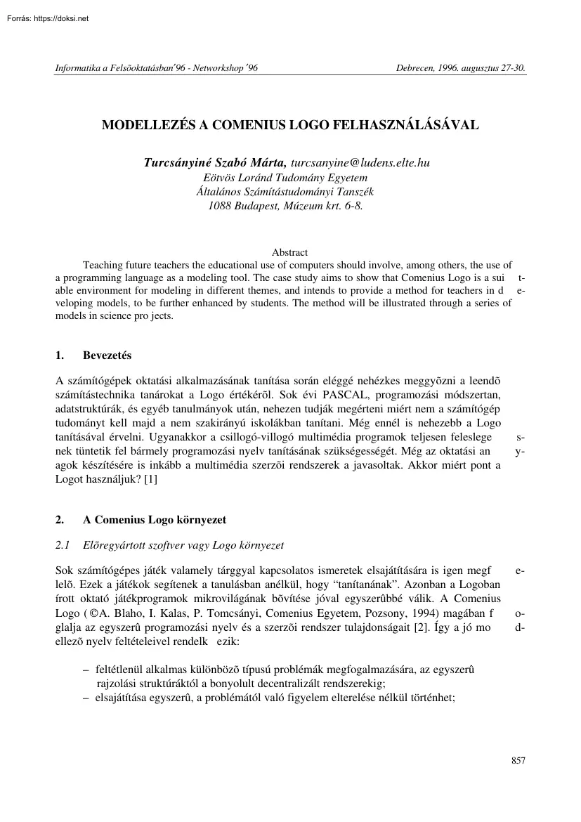 Turcsányiné Szabó Márta - Modellezés a Comenius Logo felhasználásával
